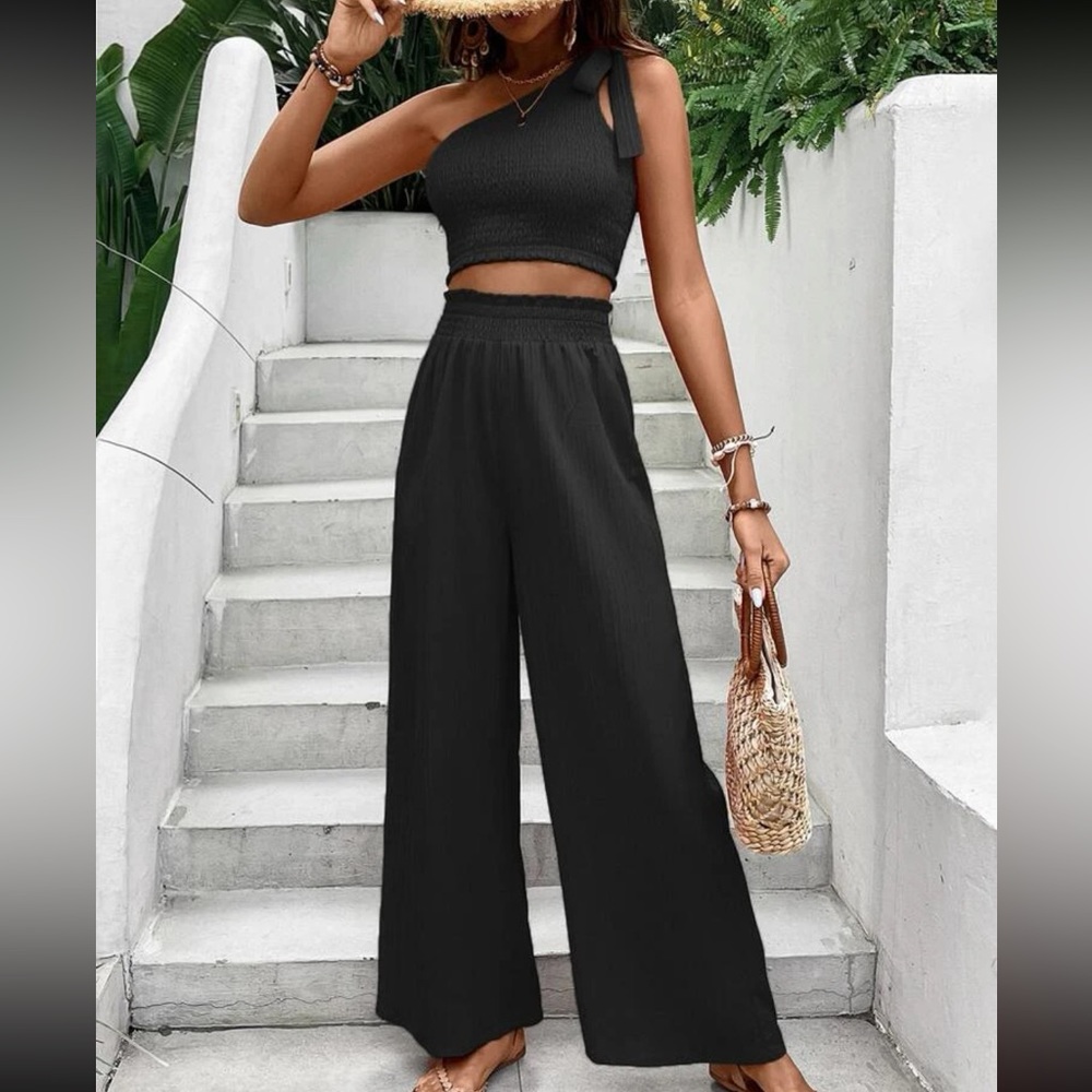 One Shoulder Knot Detail Crop Top and Wide Leg Pants